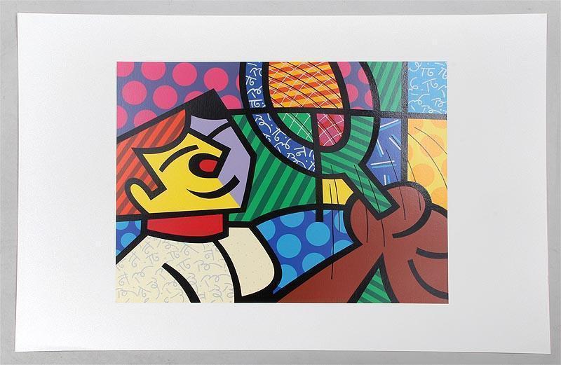 romero britto silkscreen on paper "tennis player" pop art cubism