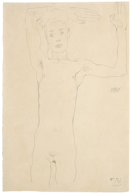 Egon Schiele Standing Male Nude With Raised Arms Self Portrait