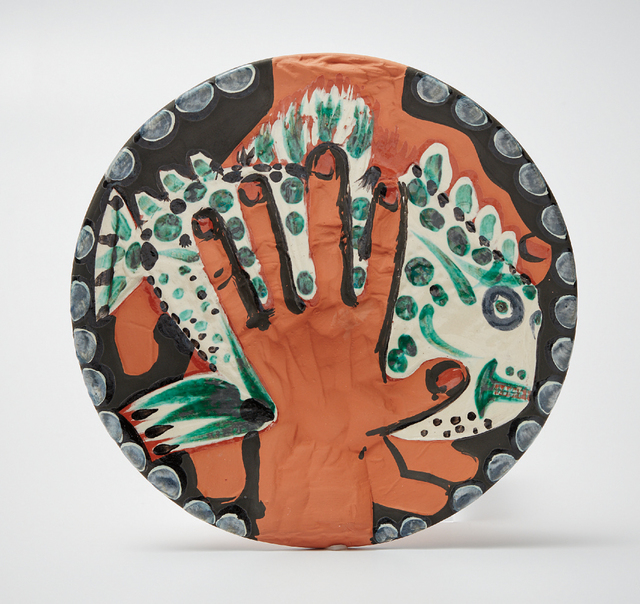 Pablo Picasso, ‘Mains au poisson (Hands with Fish)’, 1953, Print, Red earthenware round dish painted in colors, with engraving and partial brushed glazed, Phillips