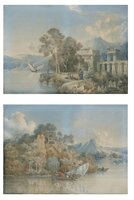 Femmes au bord du rivage dans un paysage en ruines; et Hommes enturbannés dans une felouque au bord du rivage