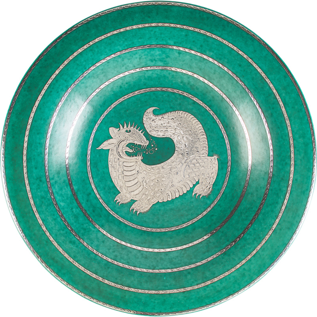 Wilhelm Kåge, ‘Large Argenta charger with fantastical creature, Sweden’, 1944, Design/Decorative Art, Glazed stoneware, silver inlay, Rago/Wright