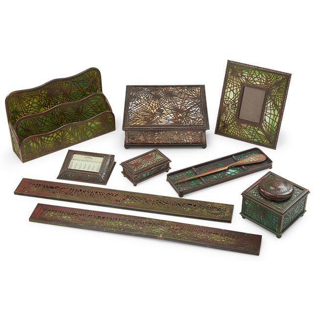 Tiffany Studios, ‘Ten Assembled Pine Needle Desk Set Pieces, Picture Frame, Inkwell, Calendar, Paper Rack, Pen Tray, Letter Opener, Blotter Ends, Handkerchief Box and Stamp Box, New York’, Early 20th C., Rago/Wright