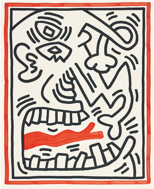 Keith Haring, ‘Three Lithographs: one plate’, 1985, Print, Lithograph in black and red, on BFK Rives paper, with full margins., Phillips