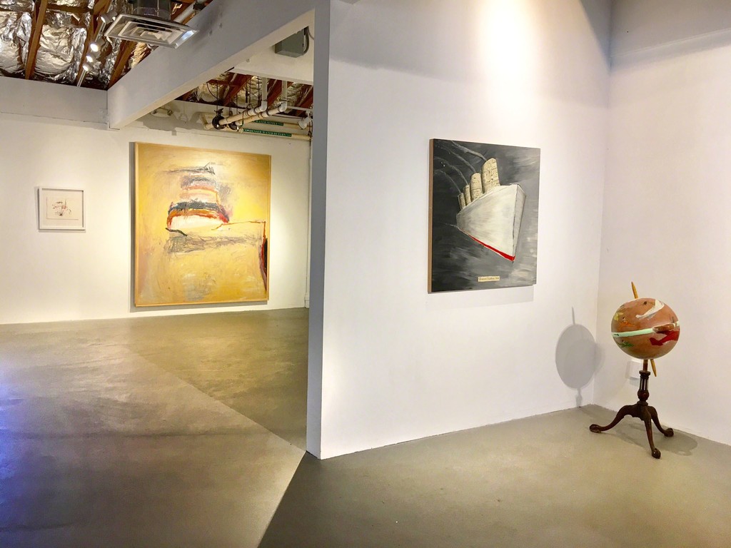 Pictured works (left to right): Tom Lieber; Untitled 2008 watercolor, Bather 1985 oil on canvas. Doug Britt; Summer Vacation 2017 acrylic on canvas, World Wind 2017 mixed media with fishing boat. Pictured works (left to right): Tom Lieber; Untitled 2008 watercolor, Bather 1985 oil on canvas. Doug Britt; Summer Vacation 2017 acrylic on canvas, World Wind 2017 mixed media with fishing boat.