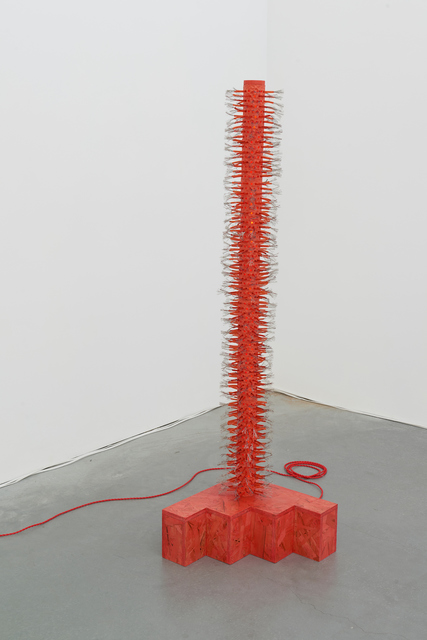 Dana Hemenway, ‘Untitled (Latch Hook - red)’, 2019, Sculpture, Ceramics, fuel hosing, aircraft cable, LED lights & custom fixture, OSB wood, Eleanor Harwood Gallery