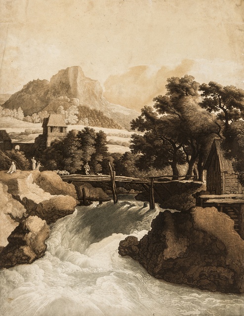 Johann Gottlieb Prestel, ‘Waterfall in a Rocky Landscape, with woodland and mountains beyond, after Jacob van Ruisdael’, circa 1800, Forum Auctions