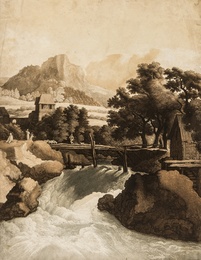 Waterfall in a Rocky Landscape, with woodland and mountains beyond, after Jacob van Ruisdael