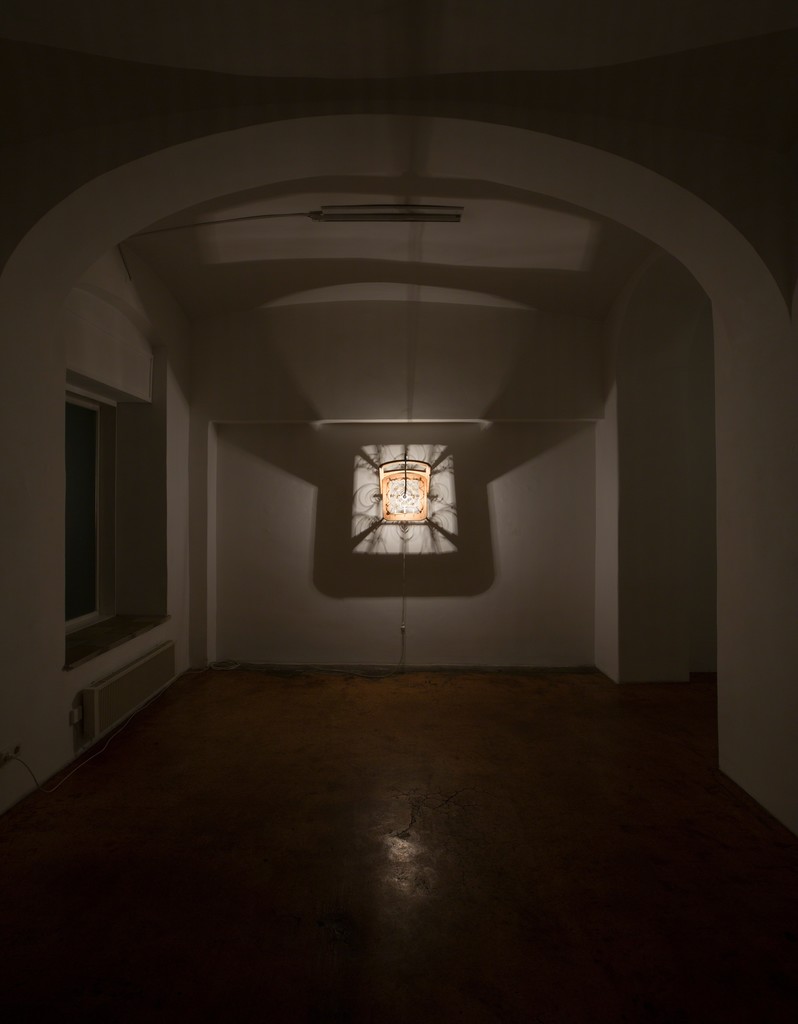 Cell Block D, 2018, Sculpture/Performance/Installation, Un upholstered chair with light fixture, 46 x 48 x 81 cm Cell Block D, 2018, Sculpture/Performance/Installation, Un upholstered chair with light fixture, 46 x 48 x 81 cm