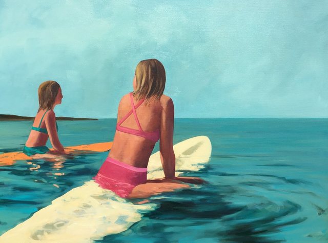 T.S. Harris, ‘''Waiting for Waves'' oil painting of two girls in bikinis floating on surfboards’, 2019, Painting, Oil on Canvas, Eisenhauer Gallery