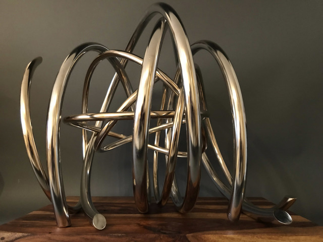 Mark Beattie, ‘ Gold in Silver Spiral’, 2018, Sculpture, 24ct gold plated copper, nickel plated copper on 60 year old reclaimed acacia wood, After Nyne Contemporary