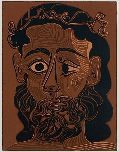 Pablo Picasso, ‘Homme Barbu Courenne De Feuillers de Vigne ’, 1962, Print, Linocut in Colors, Off The Wall Gallery