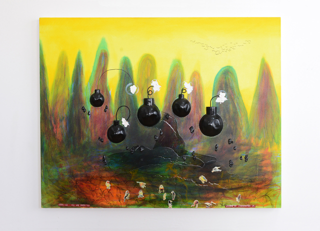 Yael Kanarek, ‘Ready’, 1995, Painting, Acrylic, paper maché, string, candy sprinkles, and stickers on canvas, bitforms gallery