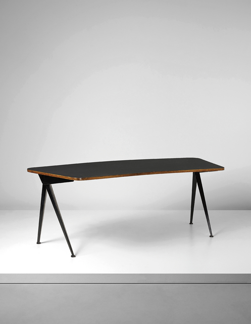 Jean Prouvé, ‘Curved "Compas" desk’, ca. 1953, Design/Decorative Art, Painted bent sheet steel, painted tubular steel, oak-veneered wood, laminated wood, Phillips