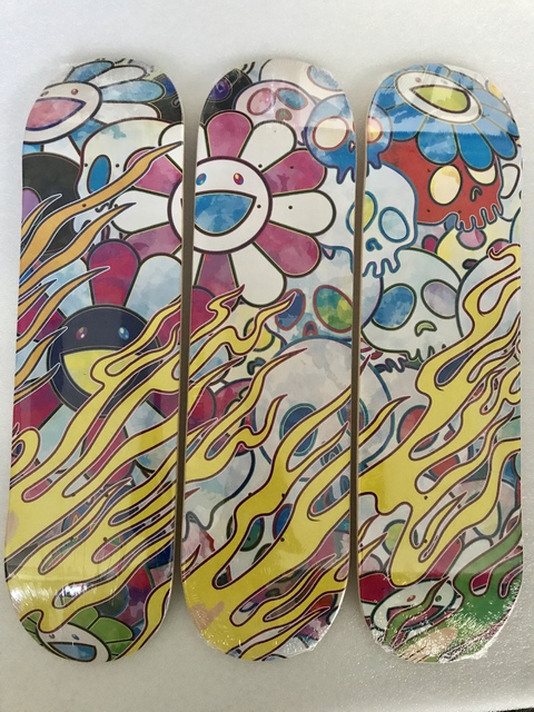 Takashi Murakami, ‘Flaming Skull Deck Set (Rainbow) ’, 2018, Sculpture, Set of 3 Skatedecks, Pop Fine Art