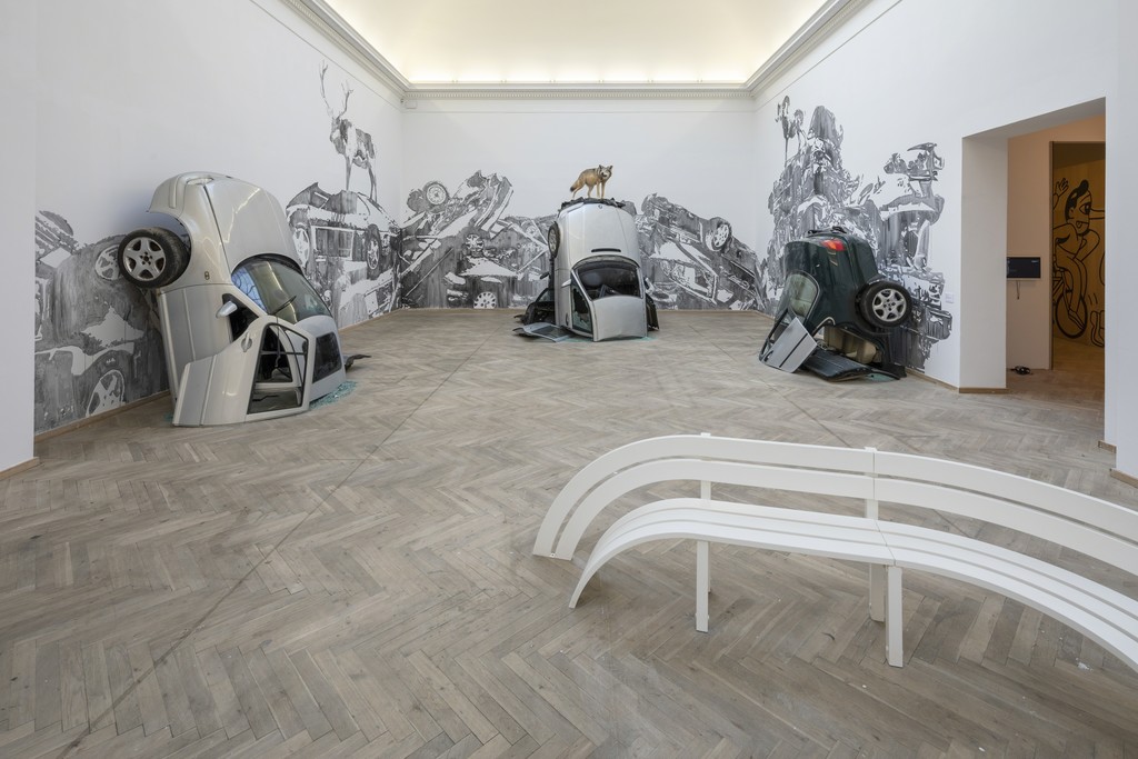 'Big Art', Jeppe Hein, 'Modified Social Bench' (2012), Victor Ash 'Car Mountains' (2018). Installation view, Kunsthal Charlottenborg, 2018. Photo by Anders Sune Berg. 'Big Art', Jeppe Hein, 'Modified Social Bench' (2012), Victor Ash 'Car Mountains' (2018). Installation view, Kunsthal Charlottenborg, 2018. Photo by Anders Sune Berg.