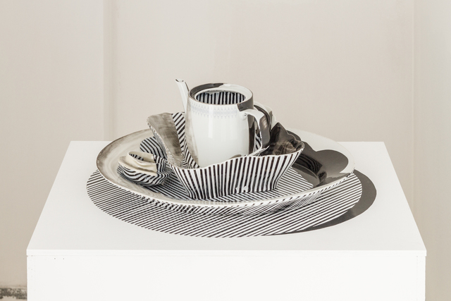 Sinta Werner, ‘Verschattungen zweiten Grades II’, 2014, Sculpture, Tableware, wooden plate, varnish, Neue Berliner Räume
