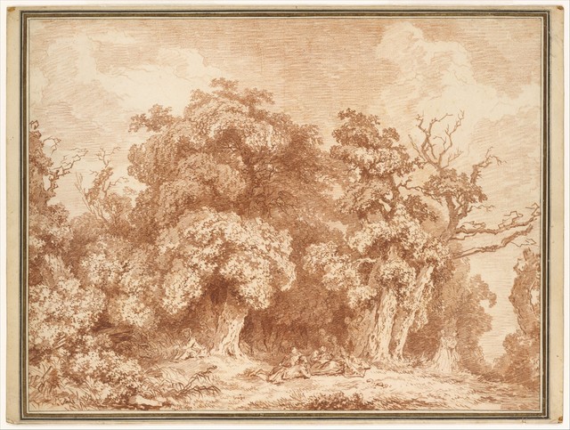 Jean-Honoré Fragonard, ‘A Gathering at Wood's Edge’, ca. 1770–1773, Drawing, Collage or other Work on Paper, Red chalk, The Metropolitan Museum of Art