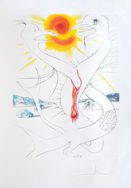 Salvador Dalí, ‘La Caducée de Mars alimenté par la boule de feu de Jupiter (The Caduceus of Mars Nourished by Jupiter’s Ball of Fire)’, 1974, Print, Drypoint etching over chromolithograph with embossing on Arches paper, Peter Harrington Gallery
