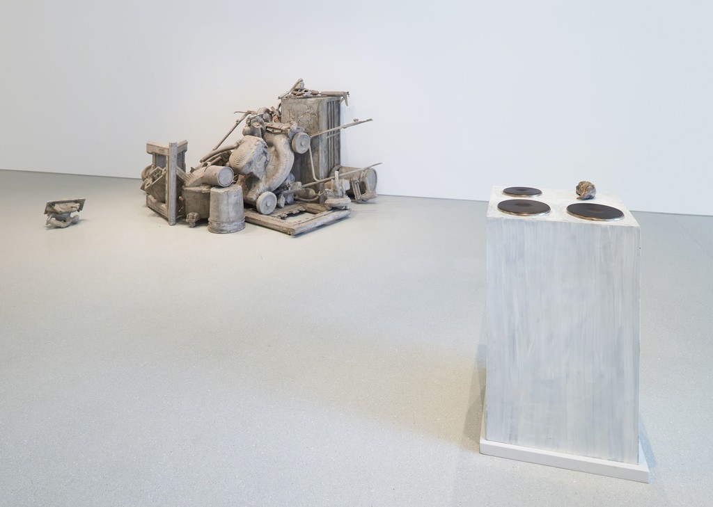 Installation view. Artwork, left to right: © Josh Kline; © 2019 Rosemarie Trockel/Artists Rights Society (ARS), New York. Photo: Glen Cheriton. Courtesy Gagosian. Installation view. Artwork, left to right: © Josh Kline; © 2019 Rosemarie Trockel/Artists Rights Society (ARS), New York. Photo: Glen Cheriton. Courtesy Gagosian.