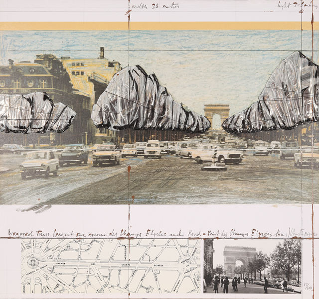 Christo and Jeanne-Claude, ‘Wrapped Trees (Project for the Avenue des Champs-Elysées, Paris)’, 1992, Print, Lithograph and collage, Galerie Boisseree