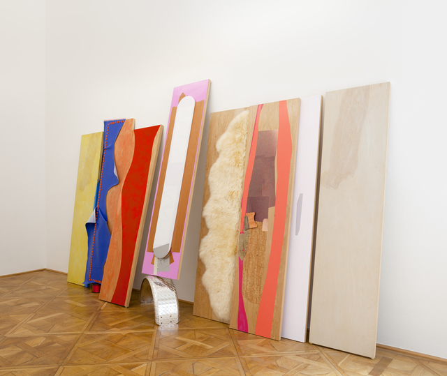 Jessica Stockholder, ‘Decals Roam to Move’, 2015, Sculpture, 8 hollow core door panels, vinyl, hardware, tree bark, copper flashing, cork veneer, photograph, acrylic paint, sheepskin, spool of wire, galvanized car part, plexiglass, wood veneer, Galerie nächst St. Stephan Rosemarie Schwarzwälder