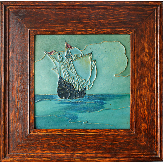 Rookwood Pottery, ‘Rookwood Faience, Large Tile Decorated In Cuenca With Tall Ship (Framed), Cincinnati, OH’, ca. 1910, Rago/Wright