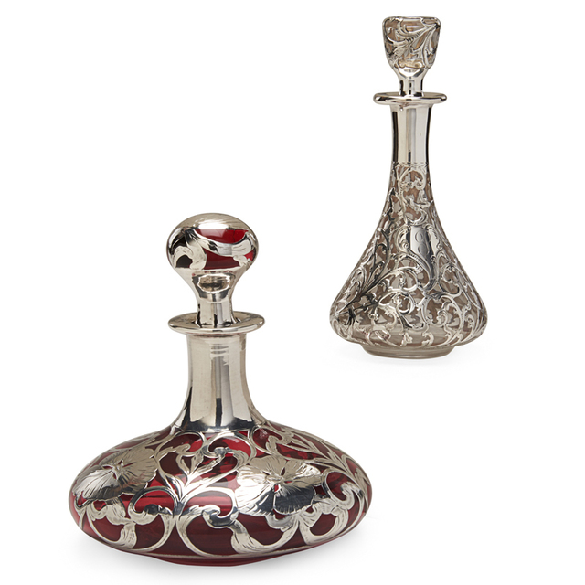 American Art Glass, ‘Two Perfume Bottles With Floral Overlay And Monograms "P" And "Ehp" one cranberry glass’, ca. 1908, Rago/Wright