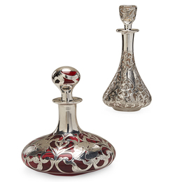Two Perfume Bottles With Floral Overlay And Monograms "P" And "Ehp" one cranberry glass