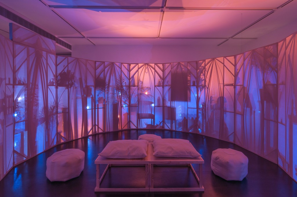 Interior of Srijon Chowdhury's Memory Theater, with pillows by Anna Margaret Interior of Srijon Chowdhury's Memory Theater, with pillows by Anna Margaret
