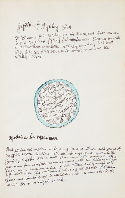 Andy Warhol, ‘Gefulte of Fighting Fish, from Wild Raspberries’, 1959, Print, Offset lithograph with hand-coloring in watercolor, on laid paper, the full sheet, Phillips