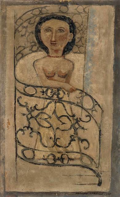 Massimo Campigli, ‘Woman on Banister’, 1930, Painting, Oil and newsprint laid down on canvas, Doyle