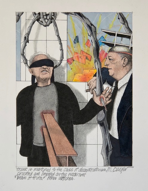Michael Dwyer, ‘Frank is martyred to the cause of deconstructivism, crucified and impaled on the modernist “beam of truth. ’, 2020, Drawing, Collage or other Work on Paper, Mixed Media on Paper, M.A. Doran Gallery