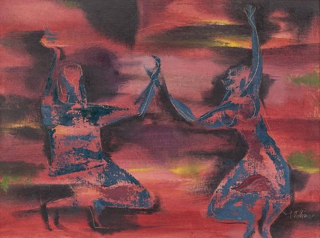 Joseph Wolins, ‘Israeli "Inbal Dancers at Midnight" Modernist Dance painting’, Mid-20th Century, Lions Gallery