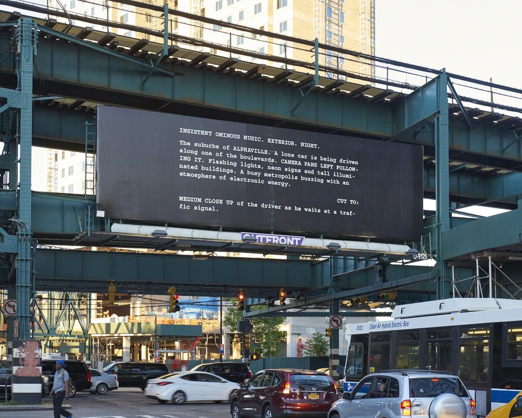 Alejandro Cesarco, Words Like Love: Alphaville, First Scenes, 2017, installation view, Jackson Avenue and Queens Plaza, Long Island City, New York. Billboard. 14 x 48 feet (4.3 x 14.6 m). Commissioned by SculptureCenter, New York. Courtesy the artist. Photo: Kyle Knodell Alejandro Cesarco, Words Like Love: Alphaville, First Scenes, 2017, installation view, Jackson Avenue and Queens Plaza, Long Island City, New York. Billboard. 14 x 48 feet (4.3 x 14.6 m). Commissioned by SculptureCenter, New York. Courtesy the artist. Photo: Kyle Knodell