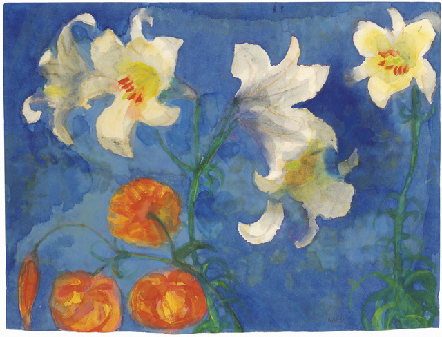 Emil Nolde, ‘White Lilies and Red Blossoms against a Blue Background’, 1945-1950, Galerie Bei Der Albertina Zetter