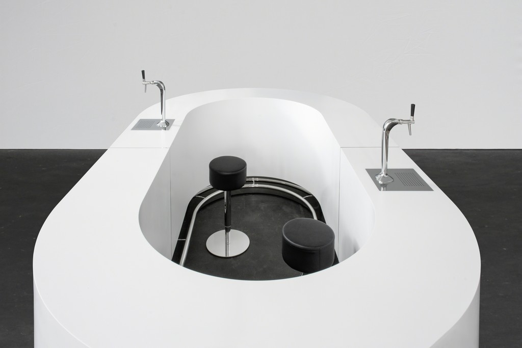 "Queer Bar (oval) / Powerless Structures, Fig.221" 2018
Corian, MDF, stainless steel, beer taps, stools
h. 113 × L. 375 × l. 220 cm, Ø 130 cm | h. 44 1/2 × l. 147 5/8 × w. 86 5/8 in, Ø 51 3/16 in
weight 600.00kg "Queer Bar (oval) / Powerless Structures, Fig.221" 2018
Corian, MDF, stainless steel, beer taps, stools
h. 113 × L. 375 × l. 220 cm, Ø 130 cm | h. 44 1/2 × l. 147 5/8 × w. 86 5/8 in, Ø 51 3/16 in
weight 600.00kg