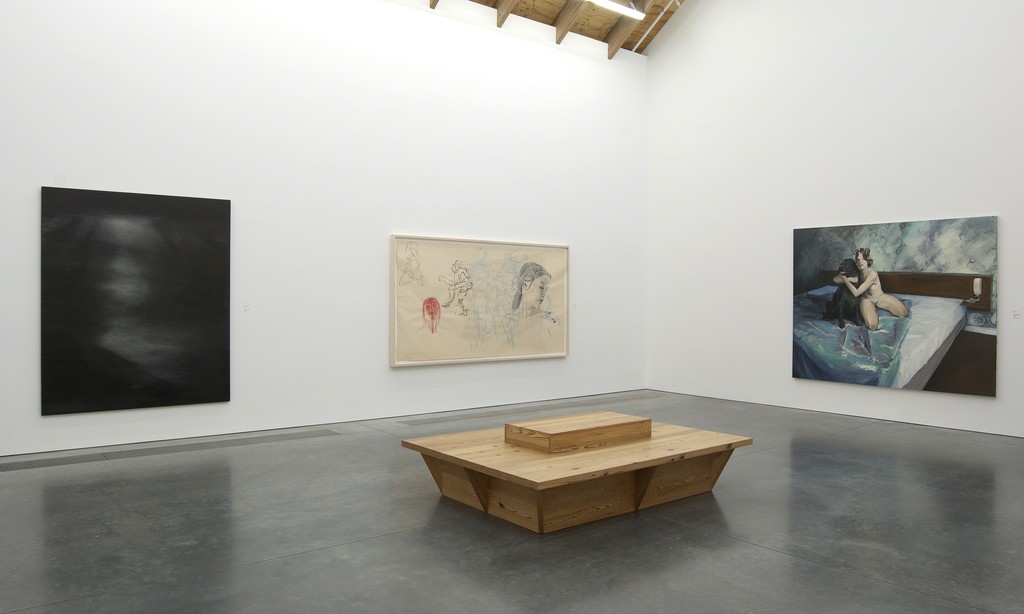 Installation view of Unfinished Business. (From left to right) Ross Bleckner, Flora and the Future, 1983, Collection the artist. David Salle, Untitled, 1980, Collection of Ara Arslanian. Eric Fischl, Master Bedroom (Her Master's Voice), 1980, The Museum of Contemporary Art, Los Angeles, The Barry Lowen Collection, 85.50. Photo: Gary Mamay Installation view of Unfinished Business. (From left to right) Ross Bleckner, Flora and the Future, 1983, Collection the artist. David Salle, Untitled, 1980, Collection of Ara Arslanian. Eric Fischl, Master Bedroom (Her Master's Voice), 1980, The Museum of Contemporary Art, Los Angeles, The Barry Lowen Collection, 85.50. Photo: Gary Mamay