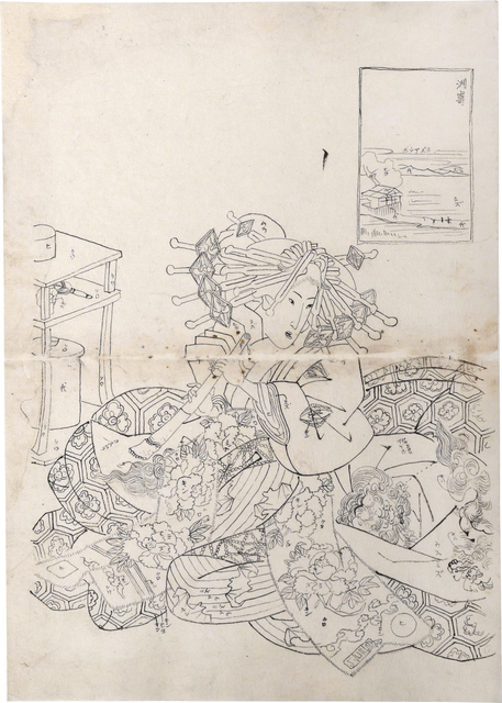 Teisai Sencho, ‘Preparatory Drawing for print of Flourishing Scenes of the East: Susaki, Sugatano of the Sugata-Ebiya’, ca. ca. 1830's, Drawing, Collage or other Work on Paper, Sumi ink on paper, Scholten Japanese Art