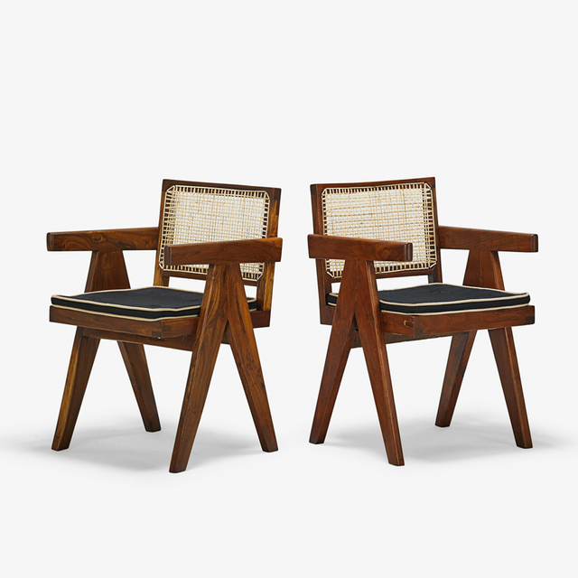 Pierre Jeanneret, ‘Two V-Leg armchairs from the Chandigarh administrative buildings, France/India’, 1950s, Design/Decorative Art, Teak, upholstery, cane, Rago/Wright