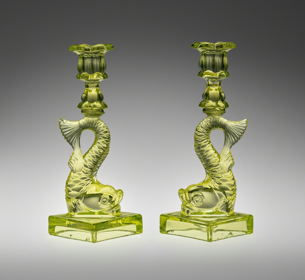 Boston and Sandwich Glass Works, Pair of Candlesticks, Sandwich, Mass., 1845–65. Pressed lead glass. Yale University Art Gallery, Mabel Brady Garvan Collection Boston and Sandwich Glass Works, Pair of Candlesticks, Sandwich, Mass., 1845–65. Pressed lead glass. Yale University Art Gallery, Mabel Brady Garvan Collection