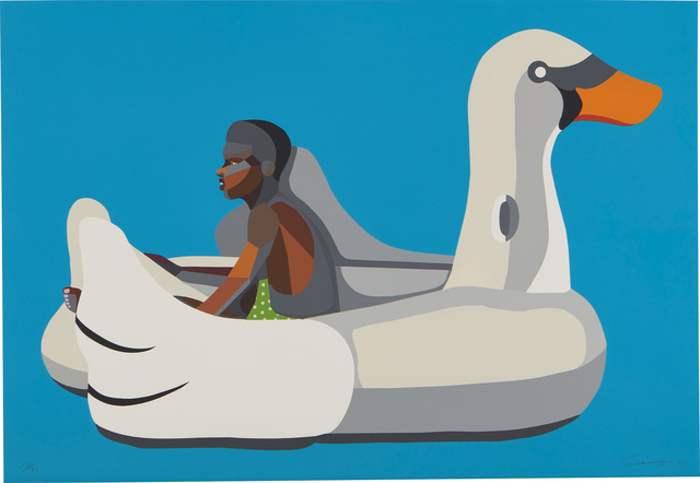 Derrick Adams, ‘Boy on Swan Float’, 2020, Print, Woodcut and screenprint with fabric and collage in colors, on wove paper, the full sheet., Phillips