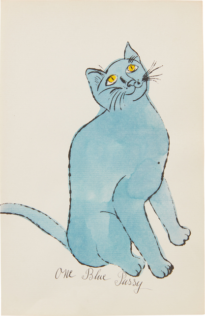 Andy Warhol, ‘One Blue Pussy’, ca. 1954, Drawing, Collage or other Work on Paper, Offset lithograph and watercolor on paper, Phillips