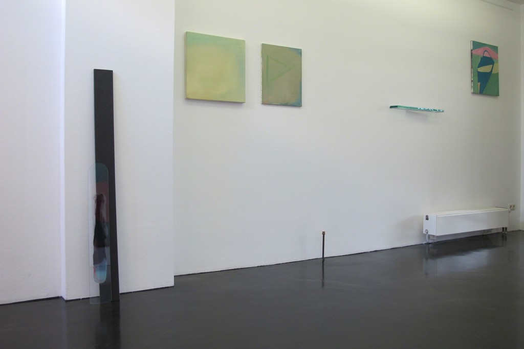 Installation shot of the solo exhibition 'Goodbye to my Imaginary Friends' with paintings 'Nasa Sky', 'Urgent Stripes' and 'Fish and Chips. Sandblasted glass installations 'With You'and 'Beam'. Installation shot of the solo exhibition 'Goodbye to my Imaginary Friends' with paintings 'Nasa Sky', 'Urgent Stripes' and 'Fish and Chips. Sandblasted glass installations 'With You'and 'Beam'.