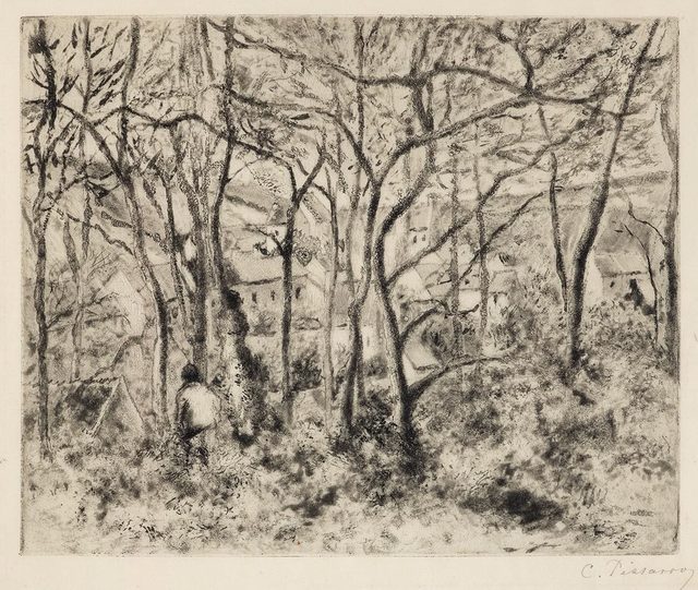 Camille Pissarro, ‘Paysage sous bois, a l’Hermitage (Pontoise)’, 1879, Print, Softground etching and aquatint with touches of drypoint on thin laid japanese paper., Catherine E. Burns Fine Prints