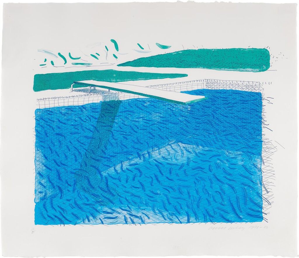 David Hockney - Lithographic Water Made of Lines, Crayon and Two Blue Washes