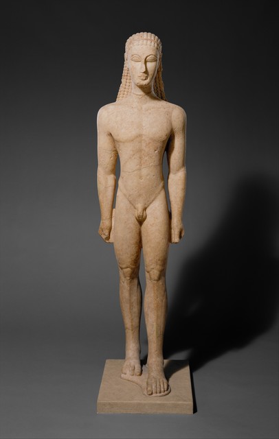 Unknown Greek, ‘Marble statue of a kouros (youth)’, ca. 590–580 B.C., Sculpture, Naxian marble, The Metropolitan Museum of Art