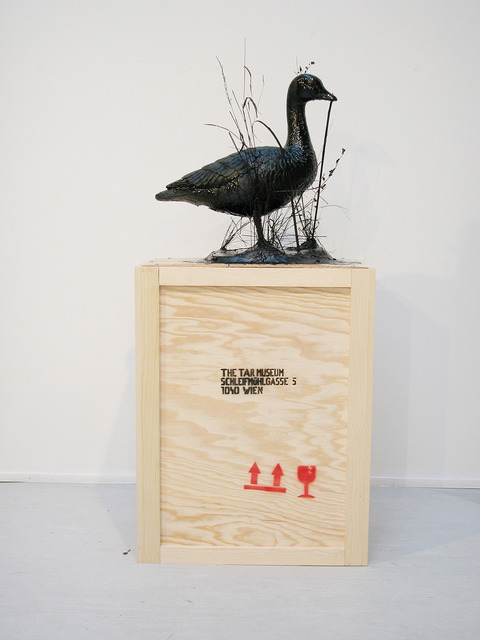 Mark Dion, ‘The Tar Museum - Goose’, 2009, Sculpture, Wooden shipping crate, tar, plastic goose decoy, paper-mâché, plants, Georg Kargl Fine Arts