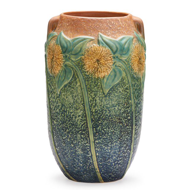 Roseville Pottery, ‘10" Sunflower Vase, Zanseville, OH’, 1930, Rago/Wright