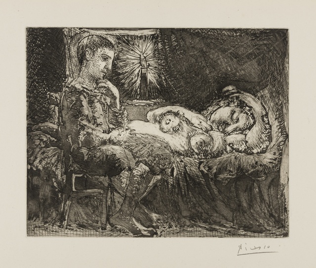 Pablo Picasso, ‘Garcon pensif veillant une dormeuse a une lumiere d'une Chandelle (Bloch 226)’, 1934, Print, Drypoint on Montval laid paper watermarked Picasso and with the Montval cachet, Forum Auctions