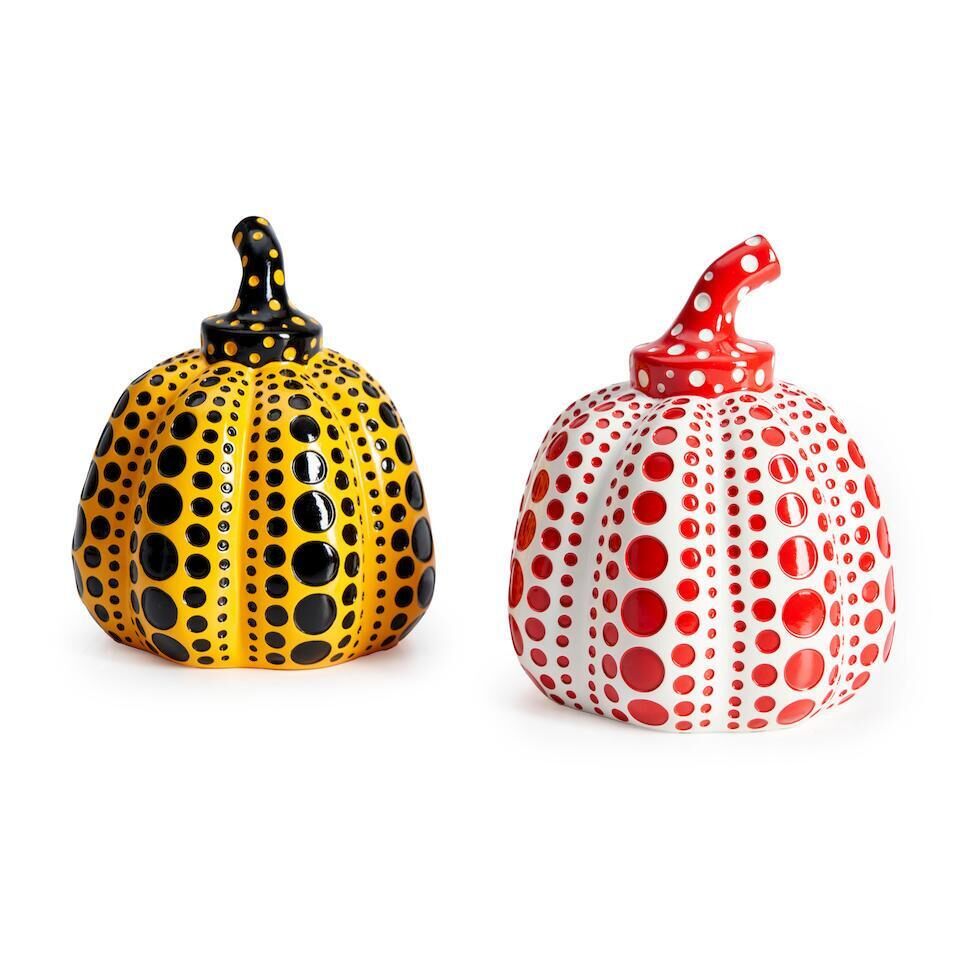 Yayoi Kusama - Two Pumpkins: One Yellow and Black Pumpkin and One White and Red Pumpkin